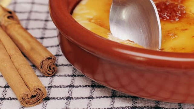 Spanish traditional food, catalonian dessert, crema catalana, catalan cream, spanish dessert close up, cooking.