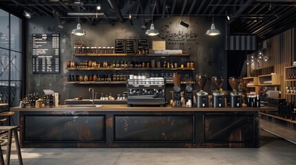 Modern industrial coffee shop interior with barista counter - Powered by Adobe