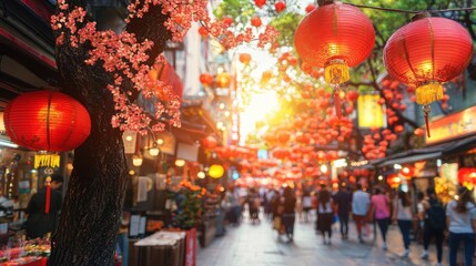 Naklejka premium Vibrant street scene adorned with red lanterns and cherry blossoms at sunset.
