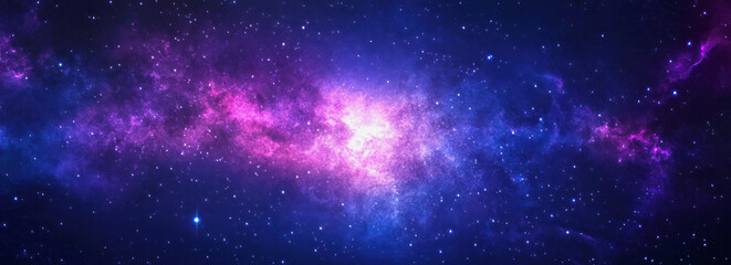 Fototapeta premium Colorful starry background banner with vibrant cosmic clouds and distant stars. Generative AI