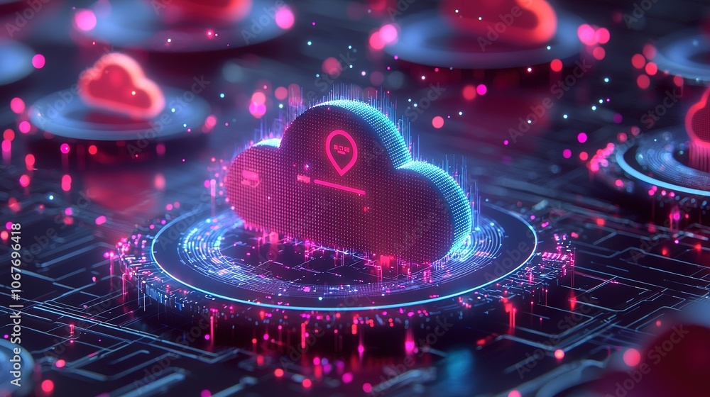 Poster a vibrant illustration of a digital cloud, surrounded by glowing data points, representing cloud com