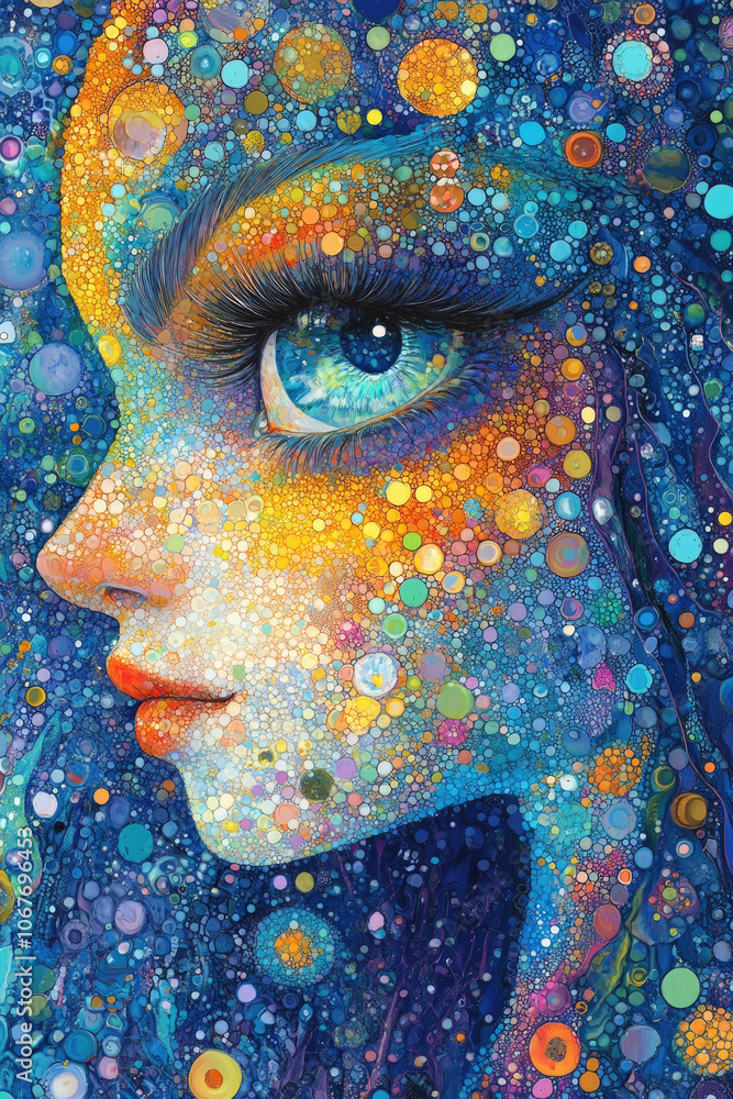 Poster a vibrant portrait features a woman with a mesmerizing expression, surrounded by colorful, abstract 