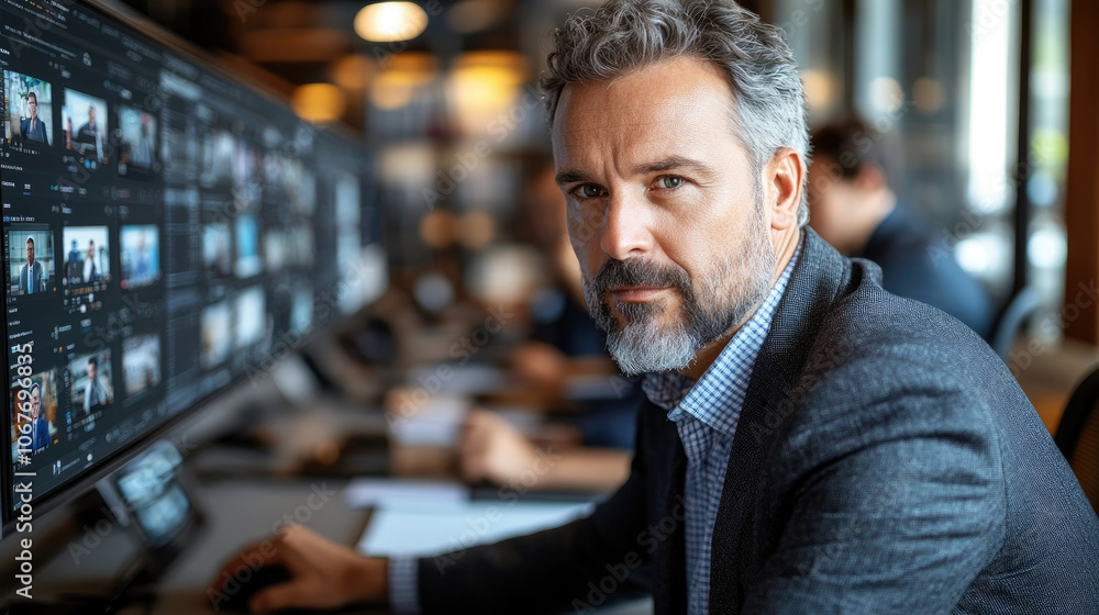 Poster a focused man analyzes data on multiple screens in a contemporary office setting filled with colleag