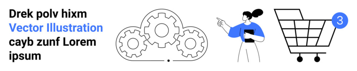 Shopping cart, three interconnected gears, and woman holding a clipboard. Ideal for e-commerce, online shopping, digital marketing, technology solutions, customer service, business strategy, project