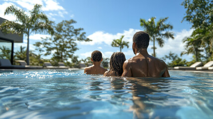 A family relaxes in a pristine pool, soaking up the warm summer sun while enjoying quality time together amidst tropical surroundings
