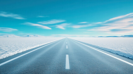 Fototapeta premium A peaceful winter road stretching through a snowy landscape under a blue sky. Generative AI
