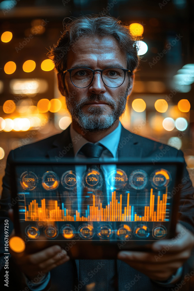 Poster a business professional examines dynamic digital data visualizations while standing in a stylish off