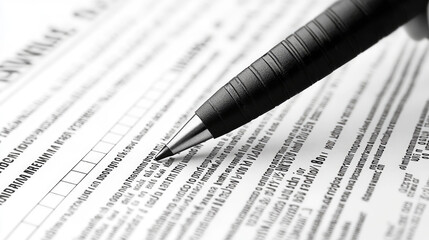 A hand is poised with a black pen above a detailed form, indicating an important process, such as signing a document in an office environment