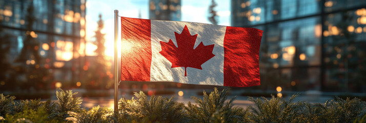 The Canadian flag proudly flutters as the sun sets, casting a warm glow over modern skyscrapers and greenery in the foreground