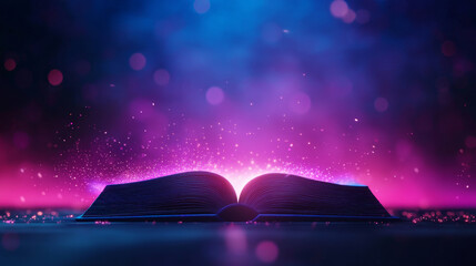 A mystical open book emits vibrant colors, surrounded by sparkling effects in a dreamy atmosphere.