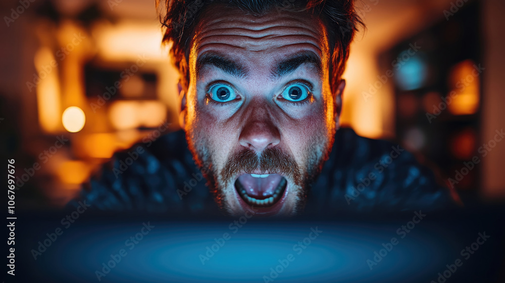 Poster a man with wide eyes and an open mouth reacts with shock while using a computer in a dark room, lit 