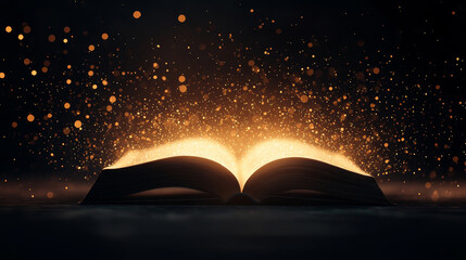 An open book glowing with magical sparks against a dark background, symbolizing knowledge and imagination.