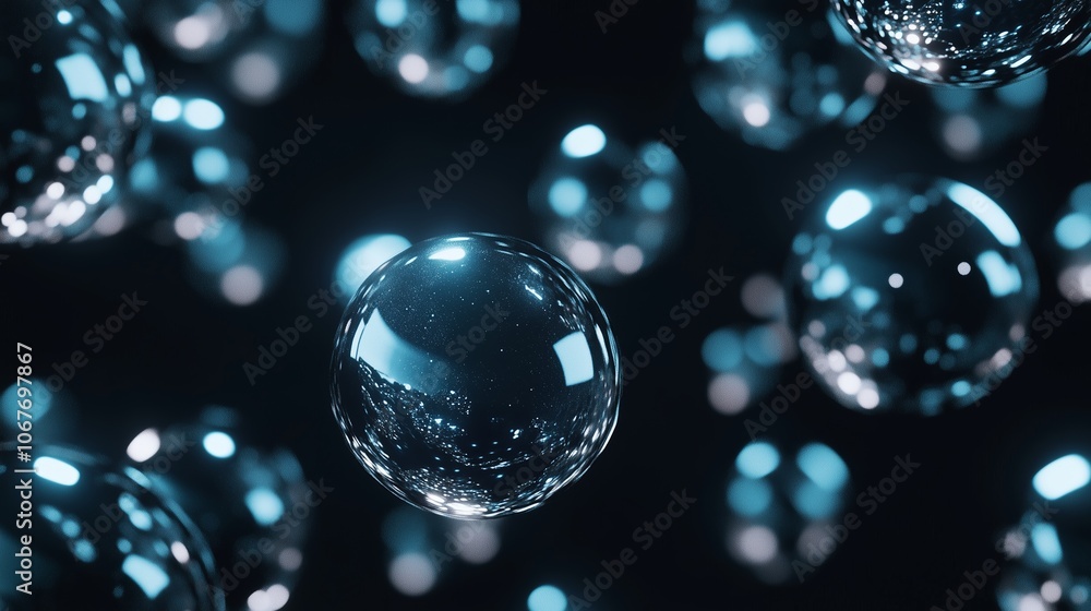 Poster a mesmerizing display of floating bubbles illuminated by soft blue light against a dark backdrop, cr