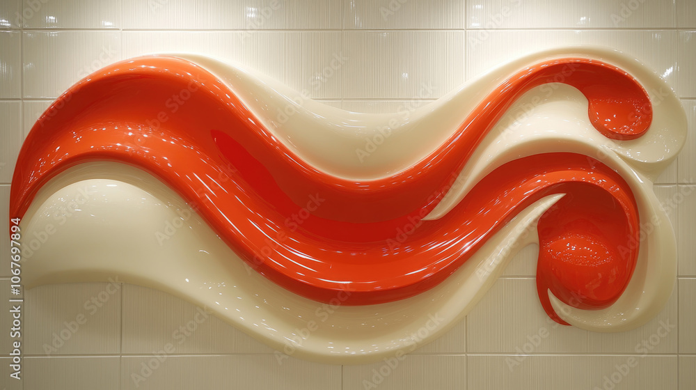 Poster curved red and white forms create an elegant abstract design on a wall, adding a contemporary touch 