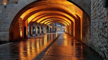 Obraz premium A scenic tunnel under a historic stone bridge, with warm lights illuminating the arched passage, reflecting on the smooth walkway