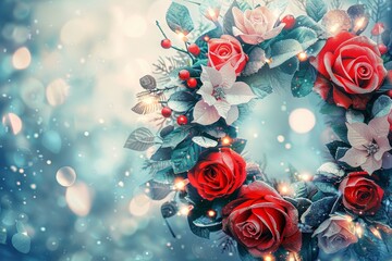 Festive winter wreath with red roses and berries