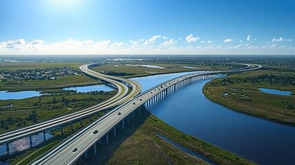 A stunning aerial view of a multi-lane highway with elegant curves and intersections, beautifully crossing over a sparkling river under a bright blue sky.