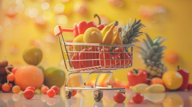 Mini shopping cart filled with fresh fruits and vegetables