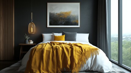 Modern Bedroom with Yellow Blanket, Grey Walls, and Large Window