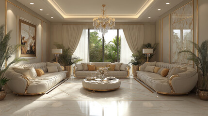 A bright, elegant living room showcases creamy sofas, tasteful decor, and lush greenery, creating a warm and inviting atmosphere