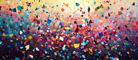 Abstract colorful confetti background with vibrant colors and a gradient of yellow, pink, and purple.