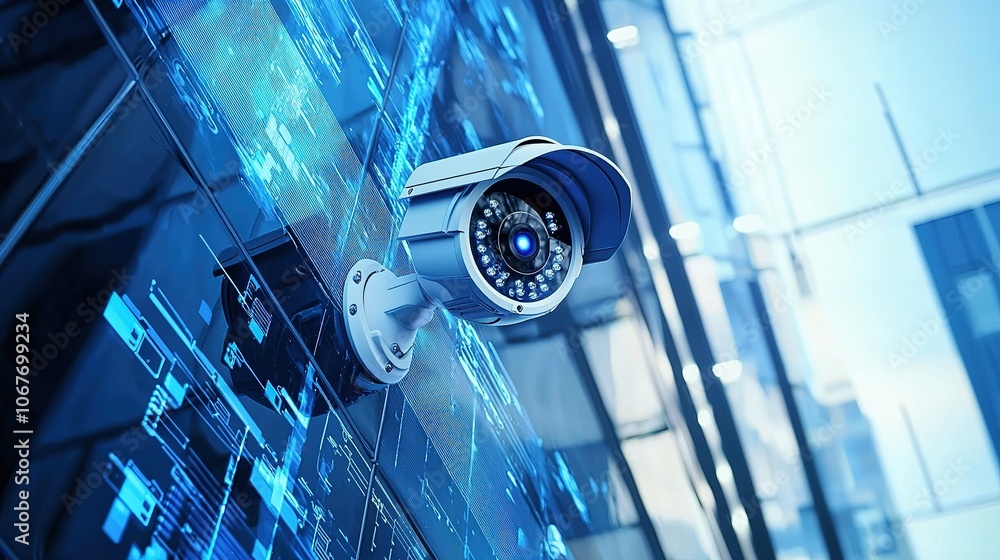 Poster a modern security camera mounted in a high-tech environment, showcasing digital elements and a futur