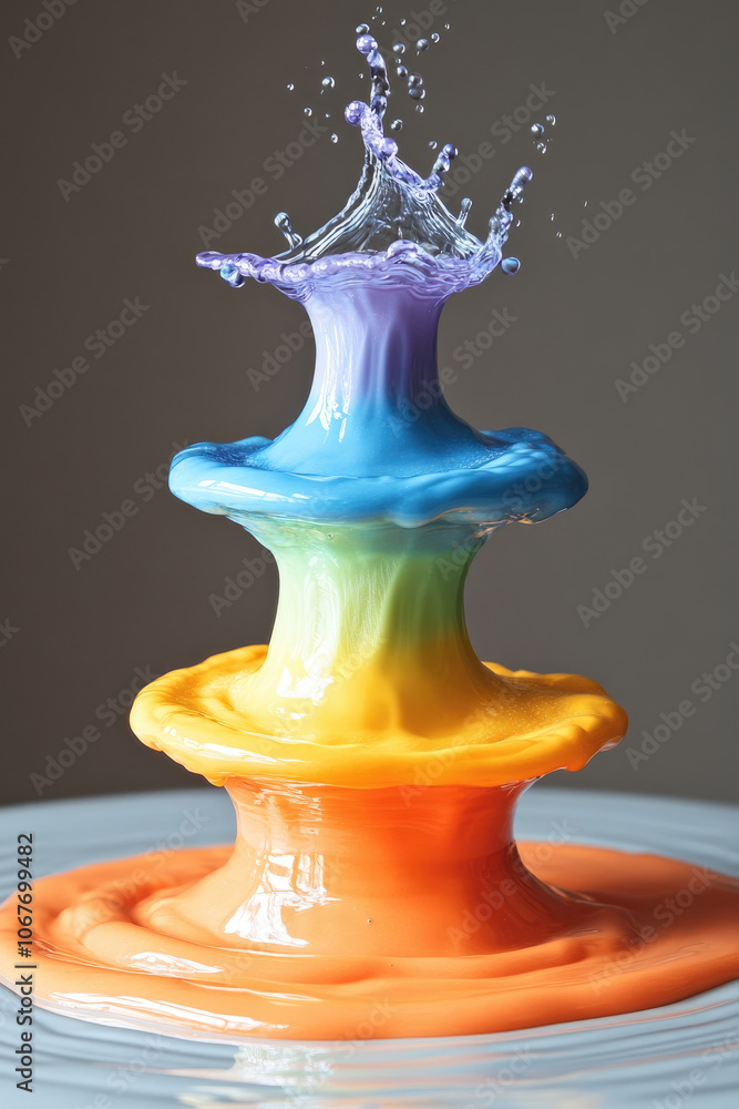 Poster vividly colored liquids form layered tiers that splash beautifully while cascading from one another,