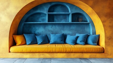 Yellow curved sofa and blue pillows stand out against a grey stucco wall with arched shelving.