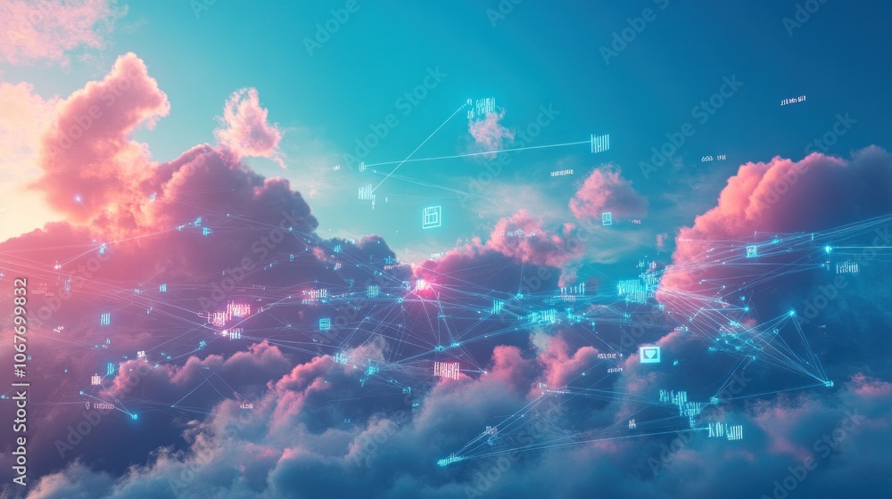 Poster abstract digital network connection over a cloudy sky at sunset.