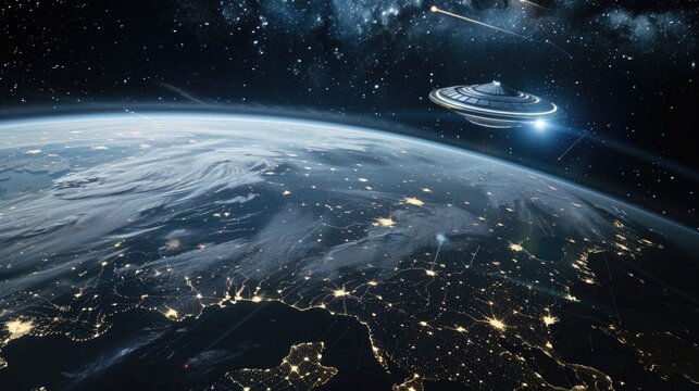 UFO flying above Earth, glowing spaceship over planet, night lights, outer space view, alien spacecraft, extraterrestrial presence concept