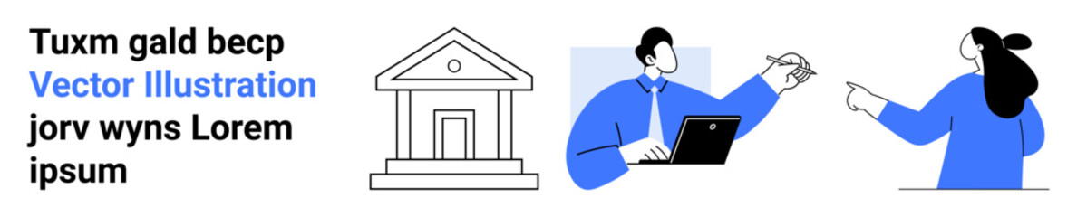 Professional team discussing ideas with a tablet, a classical building conveys structure and institution text placeholder for customization. Ideal for business presentations, educational materials