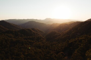 Scenic view of Cyprus mountains near Kykkos Monastery at golden sunset