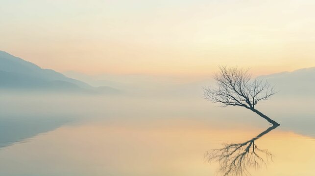 Serene nature scene portraying essentialism through minimal landscapes, calm water reflections, and gentle hues of twilight.