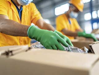 Source separation at a recycling facility with workers sorting materials, dynamic composition showing teamwork and efficiency