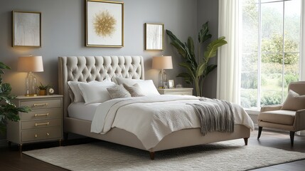 Fototapeta premium A Beige Upholstered Bed with Tufted Headboard in a Modern Bedroom