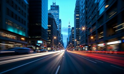 Obraz premium A bustling city street at dusk with streaks of light from fast-moving cars, tall buildings lining both sides, and a brightly lit skyline, capturing the energy and pace of urban life
