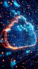 Obraz premium Futuristic digital cloud technology with vibrant blue and orange glowing effects. Generative AI
