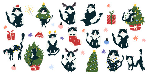 Set of Cute Cat and Christmas elements, vector illustration in flat style. Design Christmas stickers Doodle style