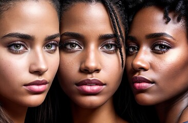 Three black girls. Young African American women. Different shades of dark skin for advertising foundations. African braids. Close-up of faces. Models for a cosmetic brand