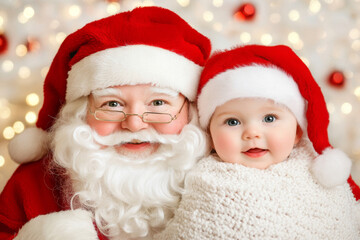 Portrait of Santa Claus and smiling baby on the background of Christmas lights.	