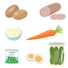Ingredients for Olivier salad in pictures, eggs, cucumbers, carrots, sauce, potatoes, sausage, peas