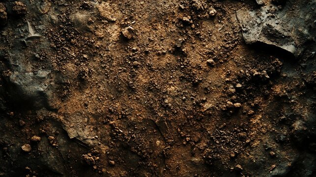 Close-up of dark, rough, textured soil with small rocks and debris.