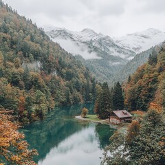 Fototapeta premium Serene autumn landscape featuring a lake, mountains, and a cozy cabin.