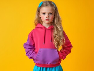 A young girl with long blonde hair and a blue hairclip wears a pink and purple hoodie with blue pants, standing confidently against a vibrant yellow background, showcasing colorful kids' fashion.