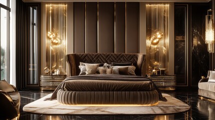 Luxurious Bedroom Interior with Round Bed and Gold Accents