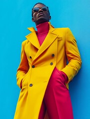 A stylish man in a vibrant yellow coat, red turtleneck, and matching red pants poses confidently against a bright blue background, showcasing bold, high-fashion elegance with a modern twist.