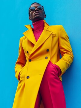 A stylish man in a vibrant yellow coat, red turtleneck, and matching red pants poses confidently against a bright blue background, showcasing bold, high-fashion elegance with a modern twist.
