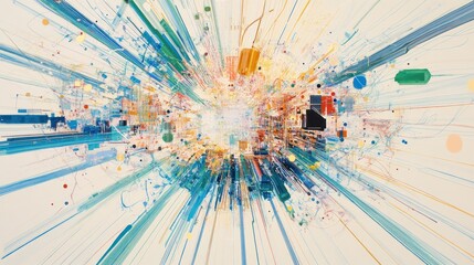 Obraz premium Abstract colorful lines converge in the center of a white background, forming a burst of color and energy.