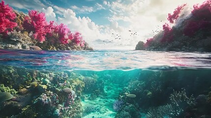 Vibrant underwater scene with coral reefs and colorful marine life.
