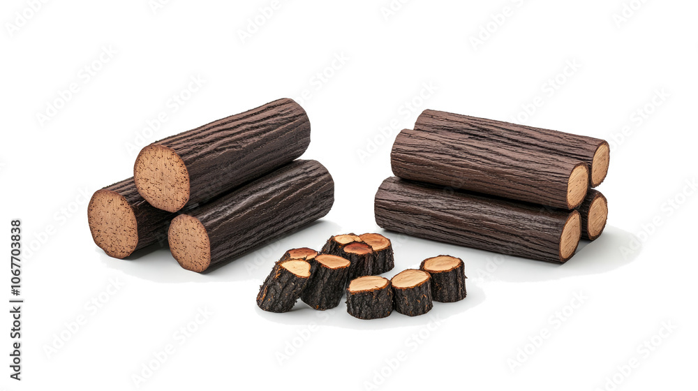 Poster old wood logs arranged in a collection on a transparent background generative ai